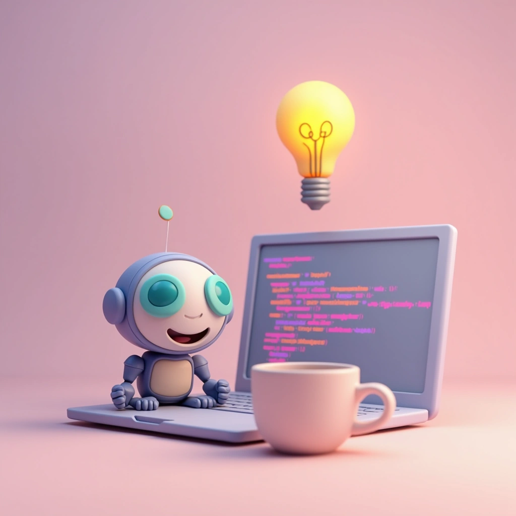 A small friendly robot sitting on a laptop next to a cup of coffee