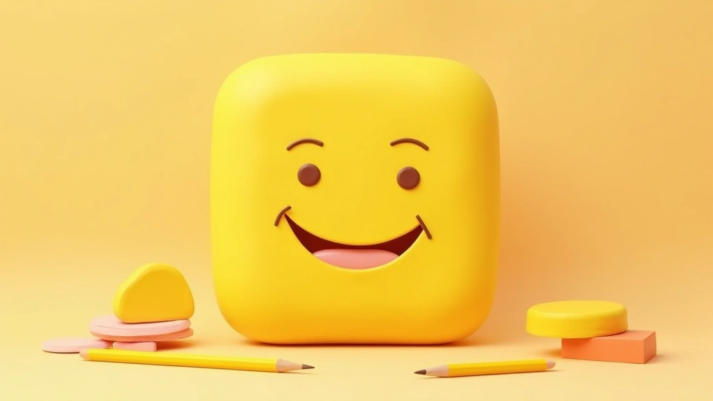 A big yellow clay tile with a smiling face, surrounded by pencils